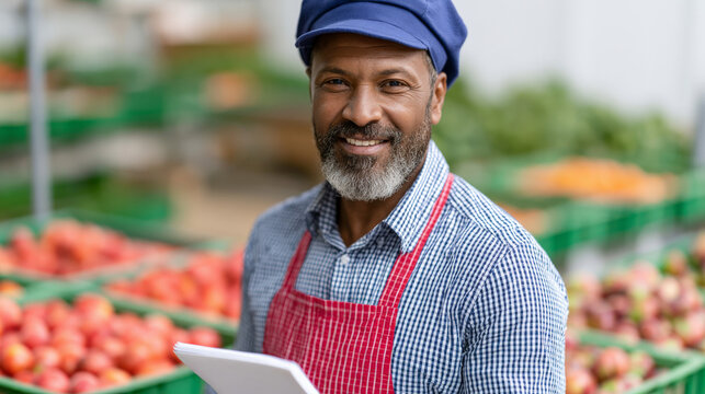 Market vendor checking inventory with tablet at produce stall