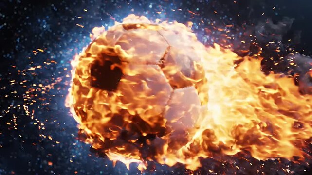 Fiery Soccer Ball in Cosmic Glow - A soccer ball is engulfed in intense flames and surrounded by a vibrant blue cosmic glow.