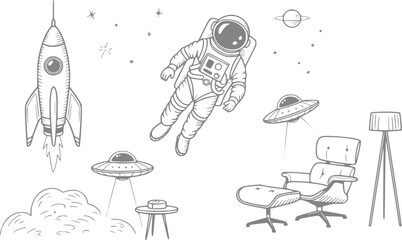 Whimsical space scene with astronaut, rocket, ufos, and retro chair © simplevector