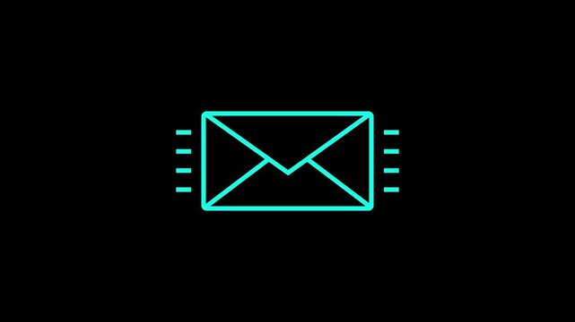 Animated cyan envelope icon signifying communication and message sending on black background, digital concept motion graphics.