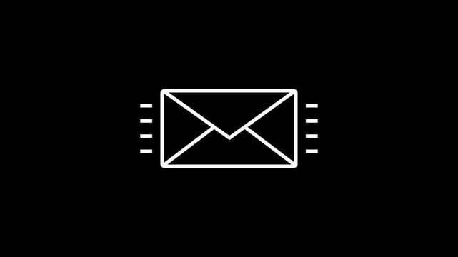 Minimalist white outline animation of a sending email icon on a black background, representing digital communication, messaging, and online correspondence.