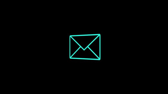 Cyan neon email symbol rotating on black background looping motion graphic design element digital message communication icon animation for website ui and presentation.