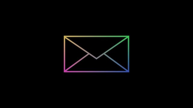 Animated envelope icon with colorful gradient transition on black background, communication concept, digital mail symbol animation, message delivery graphic.