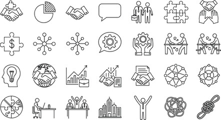 Obraz premium Minimalist Line Icon Collection Depicting Business, Teamwork, Communication, Innovation, and Organizational Productivity