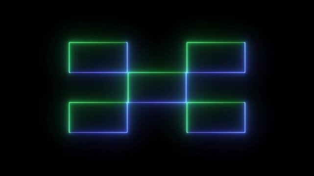 Neon glowing rectangular grid frames animation featuring vibrant green and blue light strokes moving in rhythmic cycles isolated on dark black background motion clip.