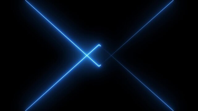 Neon blue laser cross lines and central diamond shape animation on black background showing futuristic tech motion graphic with glowing electrical light pulses loop.