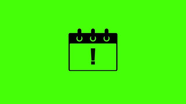 Calendar deadline icon animation with flashing exclamation mark symbol on bright green background screen for scheduling alerts and project management reminder clip.