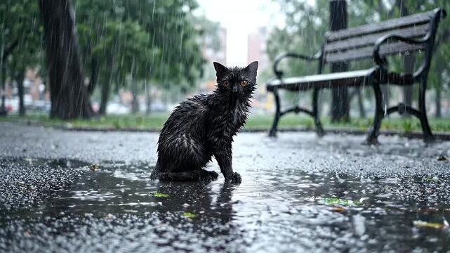 Black Cat Sitting on Wet Asphalt in Heavy Rain - A wet black cat sits forlornly on wet asphalt during a heavy downpour.