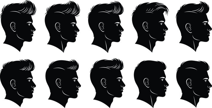 Modern male hairstyle silhouette collection showing diverse haircut styles including pompadour, fade, and undercut variations in profile view