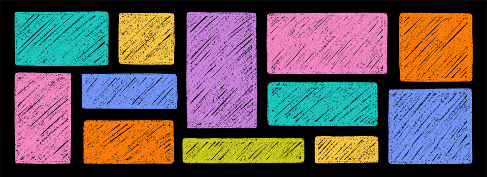 Frame chalk and crayon text box with grunge pencil texture. Kids abstract borders in sketch style, rectangular and square shapes doodle set. Hand drawn vector illustration isolated on black background