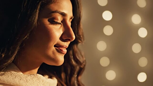 Serene woman in white shawl against golden bokeh background