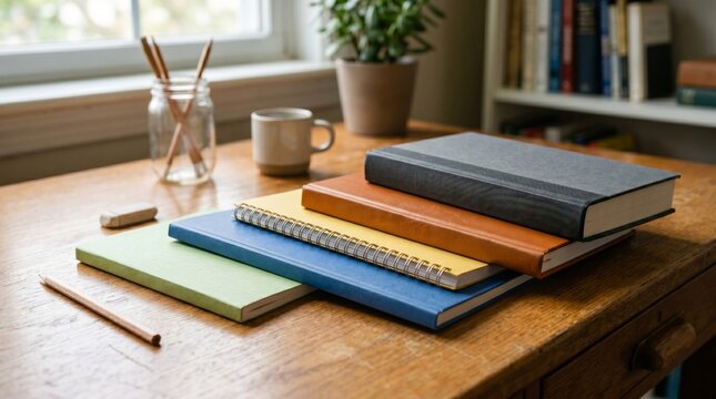 A stack of colorful hardcover notebooks and spiral journals arranged neatly on a wooden desk surface