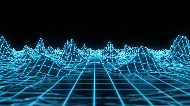 Neon Wireframe Mountains on Dark Grid - A futuristic digital landscape featuring undulating wireframe mountains video in bright neon blue against a dark, grid-lined background.