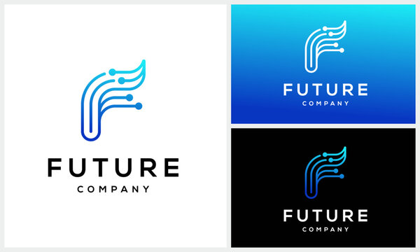 Initial letter F digital data network for internet technology logo design