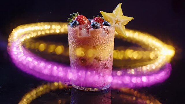 Vibrant Fruit Smoothie with Neon Light Streaks - A refreshing and vibrant smoothie is presented in a glass, garnished with fresh strawberries, blueberries, and a starfruit slice.