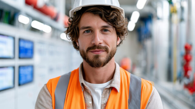 Construction worker facing camera inside industrial control room