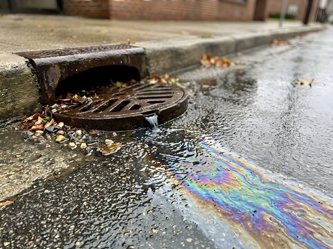 Rainy street with storm drain oil spill.