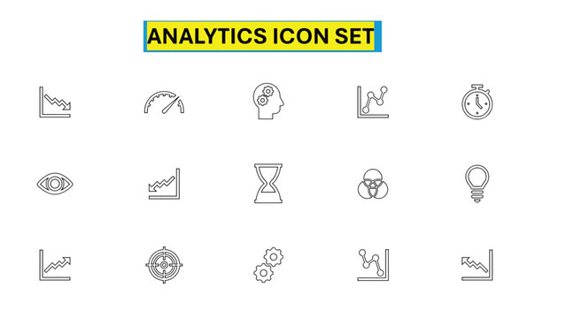 Analytics and Intelligence Outline Icon Set &ndash; Chart, Graph, Brain, Eye, Hourglass, Bulb and Business Analysis Symbols in Line Style