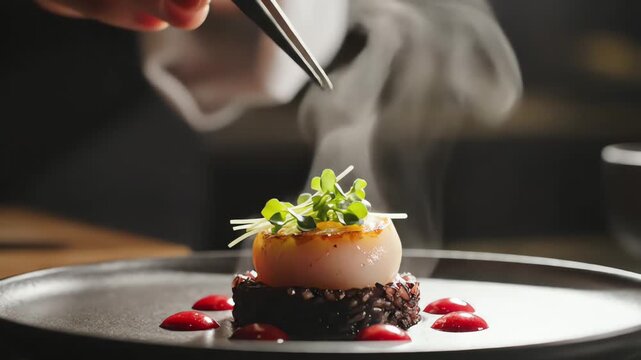 Close up of Chef Using Tweezers to Garnish Scallop on Black Rice.

