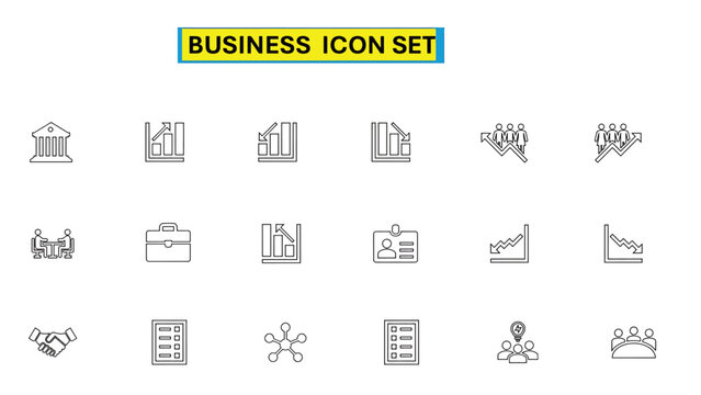 Business and Corporate Outline Icon Set &ndash; Office, Meeting, Handshake, Chart, Bank and Team Symbols in Line Style