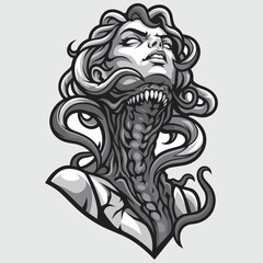 Obraz premium Medusa Alien Creature with Tentacles Open Mouth Dark Vector Illustration