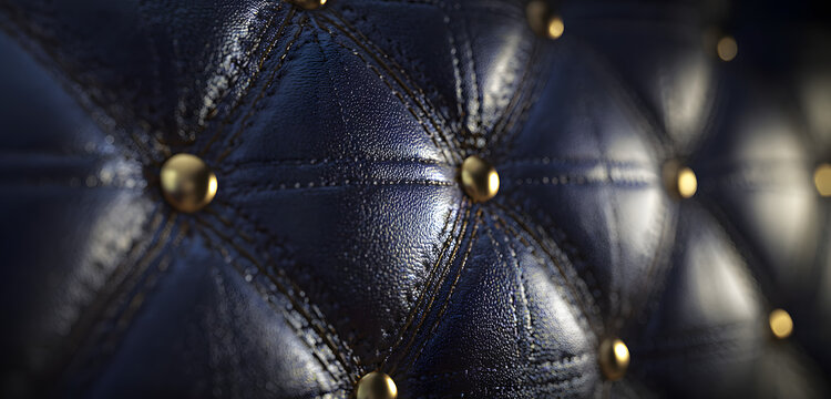 The deep navy blue quilted leather is highlighted by diamond stitching and gold buttons, creating a luxurious, plush background with rich texture that is appropriate for premium interiors.