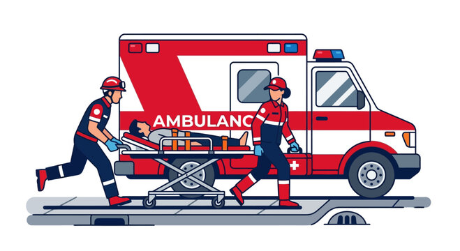 Paramedics rushing patient to ambulance vehicle.