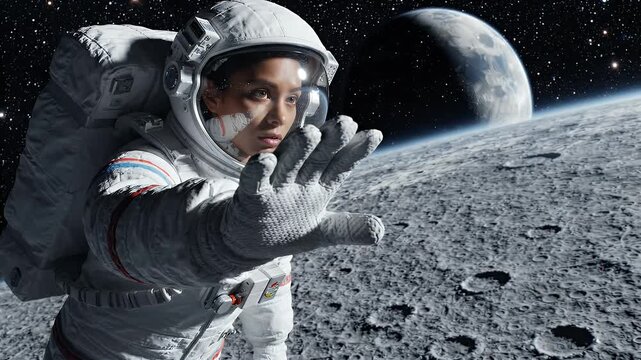 Woman Astronaut Reaching Towards Moon in Outer Space - A young woman in a spacesuit extends her gloved hand forward, reaching towards the lunar surface.