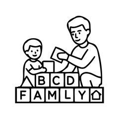 Fototapeta premium Father building family foundation with child using toy blocks, linear concept icon