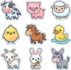 Fototapeta premium Cute Farm Animal Sticker Vector Set, Kawaii Cartoon Domestic Animals