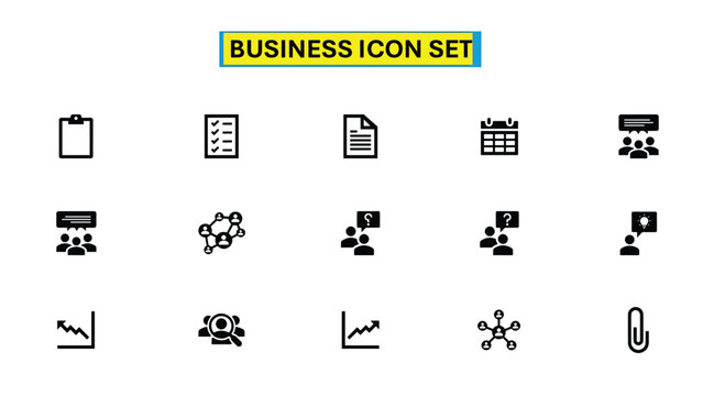 Business and Office Icon Set &ndash; Clipboard, Document, Calendar, Meeting, Network and Team Symbols in Flat Style
