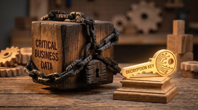 Critical business data block secured with a heavy chain and padlock next to a golden decryption key on a rustic wooden workbench