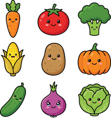 Fototapeta premium Cute Cartoon Vegetable Characters Flat Vector Healthy Food Icon Set