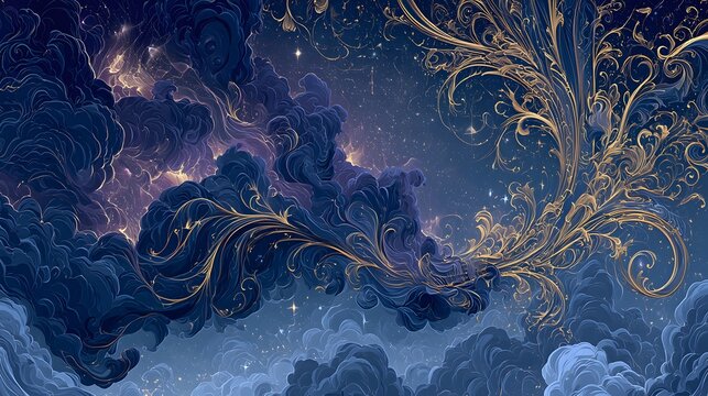 濃紺の雲と金色の植物文様が広がる幻想的な装飾背景