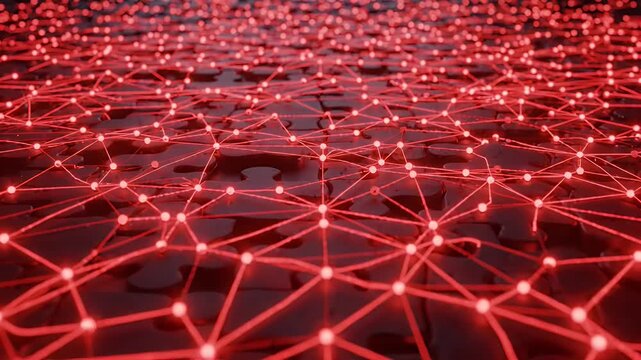 Glowing Network of Connected Nodes on Puzzle Background - A dense network of interconnected red glowing nodes and lines spreads across a dark, high-density puzzle background.