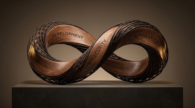Metallic infinity symbol sculpture representing the DevSecOps pipeline concept with intertwined development security and operations