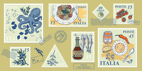 Italian pasta postage stamp collection with octopus spaghetti and Mediterranean ingredients © zzayko