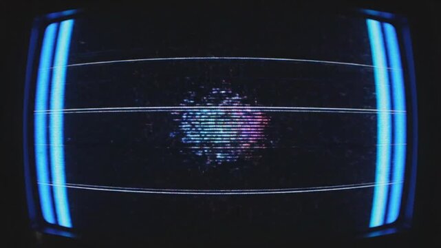 A vintage television screen displaying static and digital signal noise