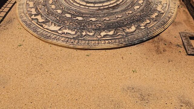 Sandakada Pahana moonstone carving, Anuradhapura, Sri Lanka, UNESCO site.