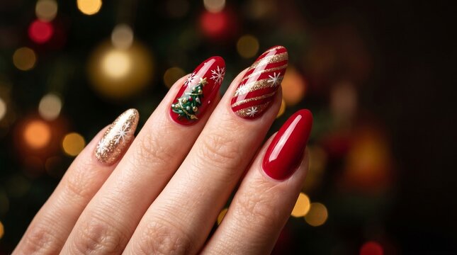 Festive Christmas nail art design on elegant woman hand