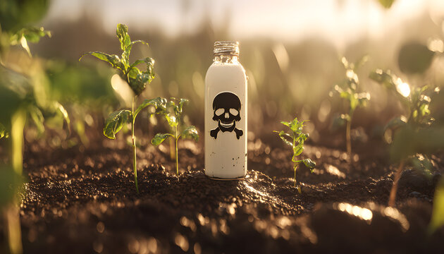A bottle with a skull symbol is placed in the soil near green plant seedlings. This symbol indicates that pesticides are used in farming or gardening, which harms plants, nature, and health.