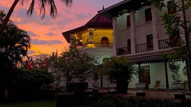 Sri Dalada Maligawa illuminated at evening, Temple of the Sacred Tooth Relic, Kandy, Sri Lanka.