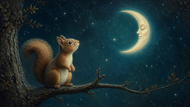 Ein Eichh&ouml;rnchen sitzt auf einem Ast und schaut den Mond an