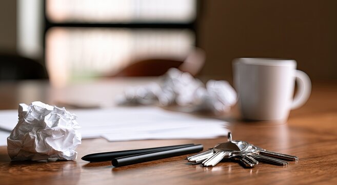 A desk with crumpled paper, pens, keys, and a coffee mug, suggesting work