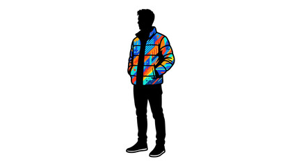 Silhouette of a person wearing a colorful puffer jacket against a white background © Photo Sell