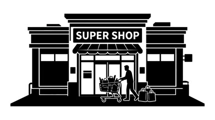 Fototapeta premium Super shop storefront silhouette with shopper and grocery cart