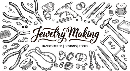 Fototapeta premium Jewelry Making and Handcrafted Design Element Vector Set Featuring Pliers Wire Cutting Tools Beads Rings Necklaces Earrings Glue Gun and Silversmith Crafting Equipment