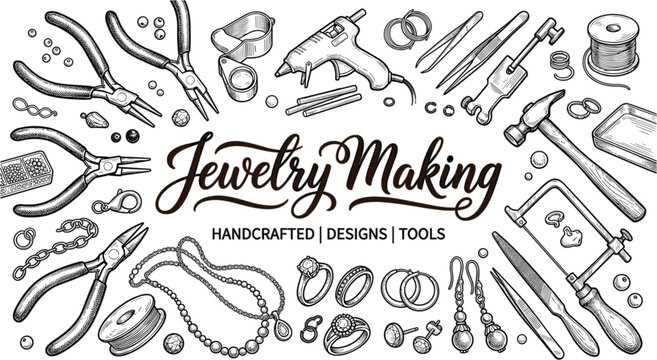 Jewelry Making and Handcrafted Design Element Vector Set Featuring Pliers Wire Cutting Tools Beads Rings Necklaces Earrings Glue Gun and Silversmith Crafting Equipment