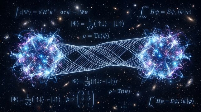 Ethereal blue-purple entangled energy spheres with quantum equations in space