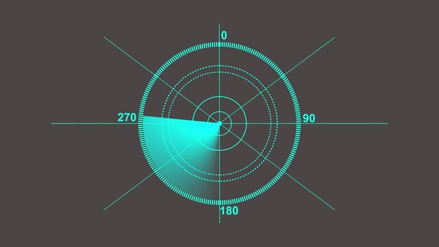 Cyan circular radar degree scanner animation a digital interface showing markers and a sweeping arm in on a dark gray background degrees navigation interface screen technology
